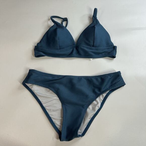 Cupshe Swimsuit Women’s Medium Triangle Bikini Blue Ribbed Knit Beach Vacation - Picture 1 of 6